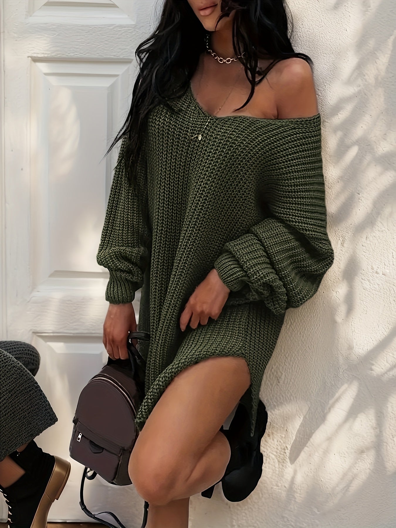 Women's Elegant Sexy Knitted Dress Loose Long Pullover Drop Shoulder Pullover Suitable for Spring And Autumn